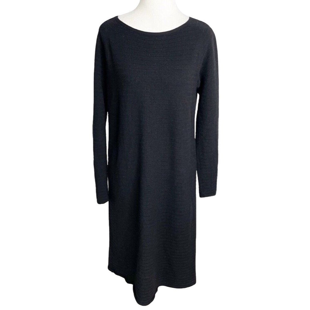 Lafayette 148 Black Wool Long Sleeve Ribbed Midi Sweater Dress Work Career S